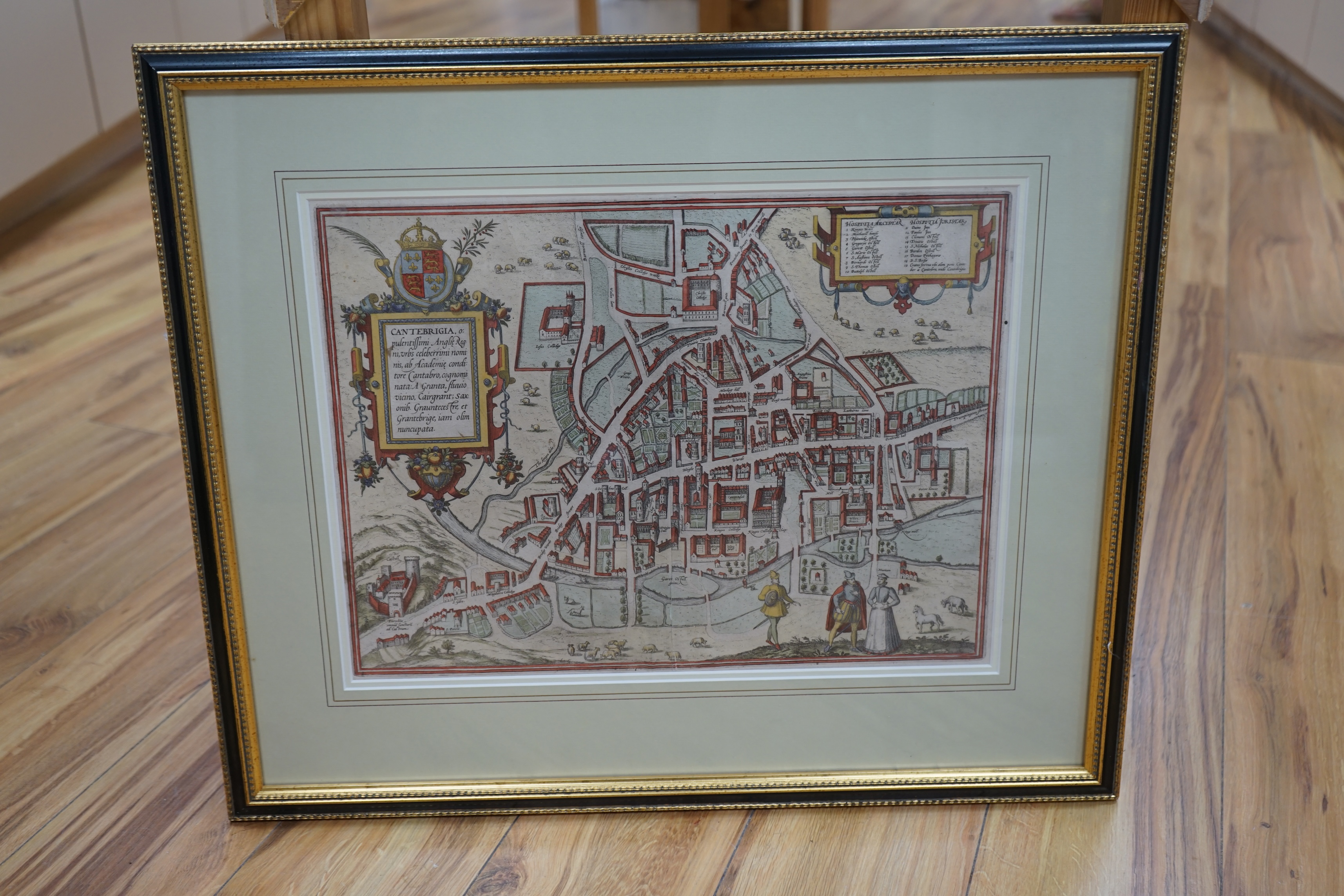 After Georg Braun (1541-1622), hand coloured engraved map of Cambridge, 33 x 45cm. Condition - fair